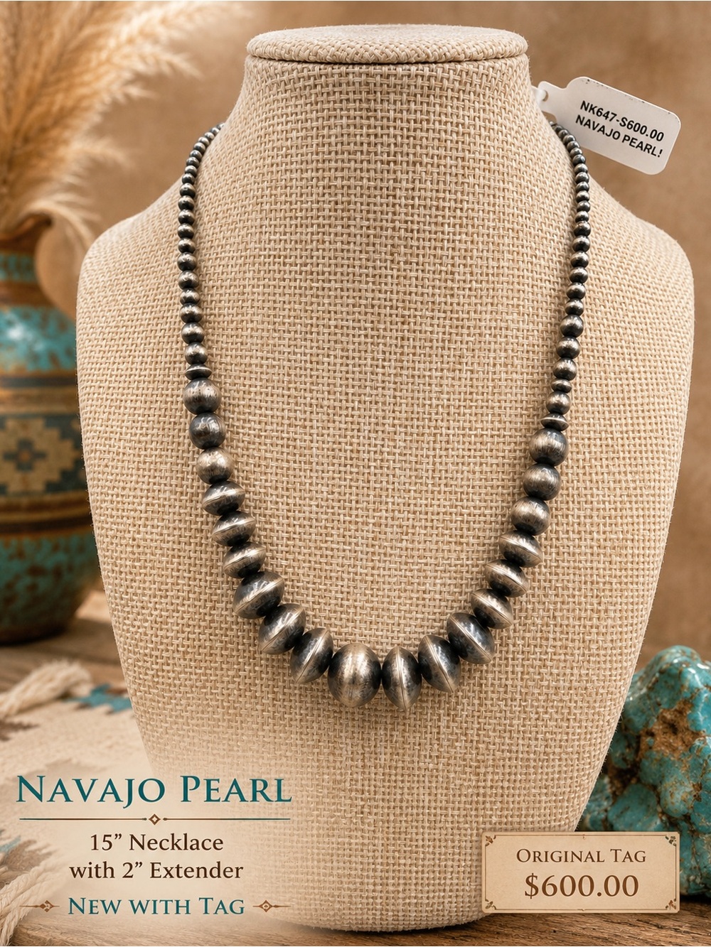 NWT Navajo Pearl Sterling Silver Graduated Bead Necklace 15” + 2” Ext Southwest